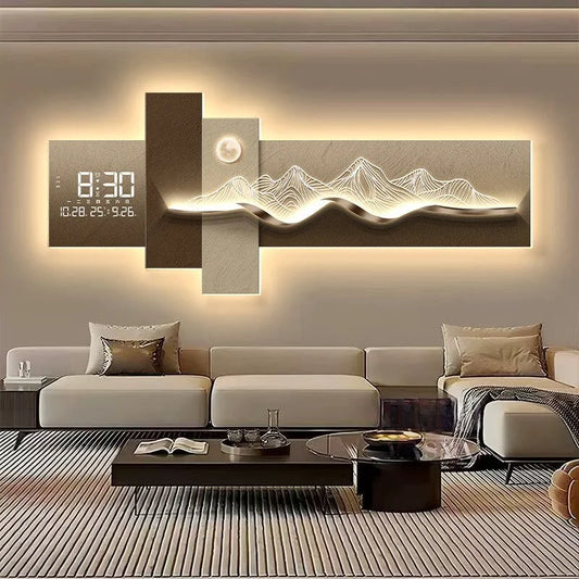 Tableau mural lumineux LED avec horloge, décor montagne