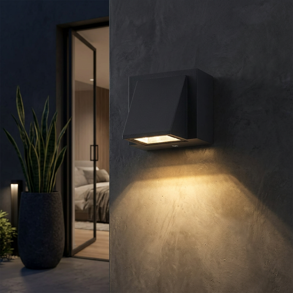 Applique murale LED IP65 noire allumée dans une entrée moderne la nuit