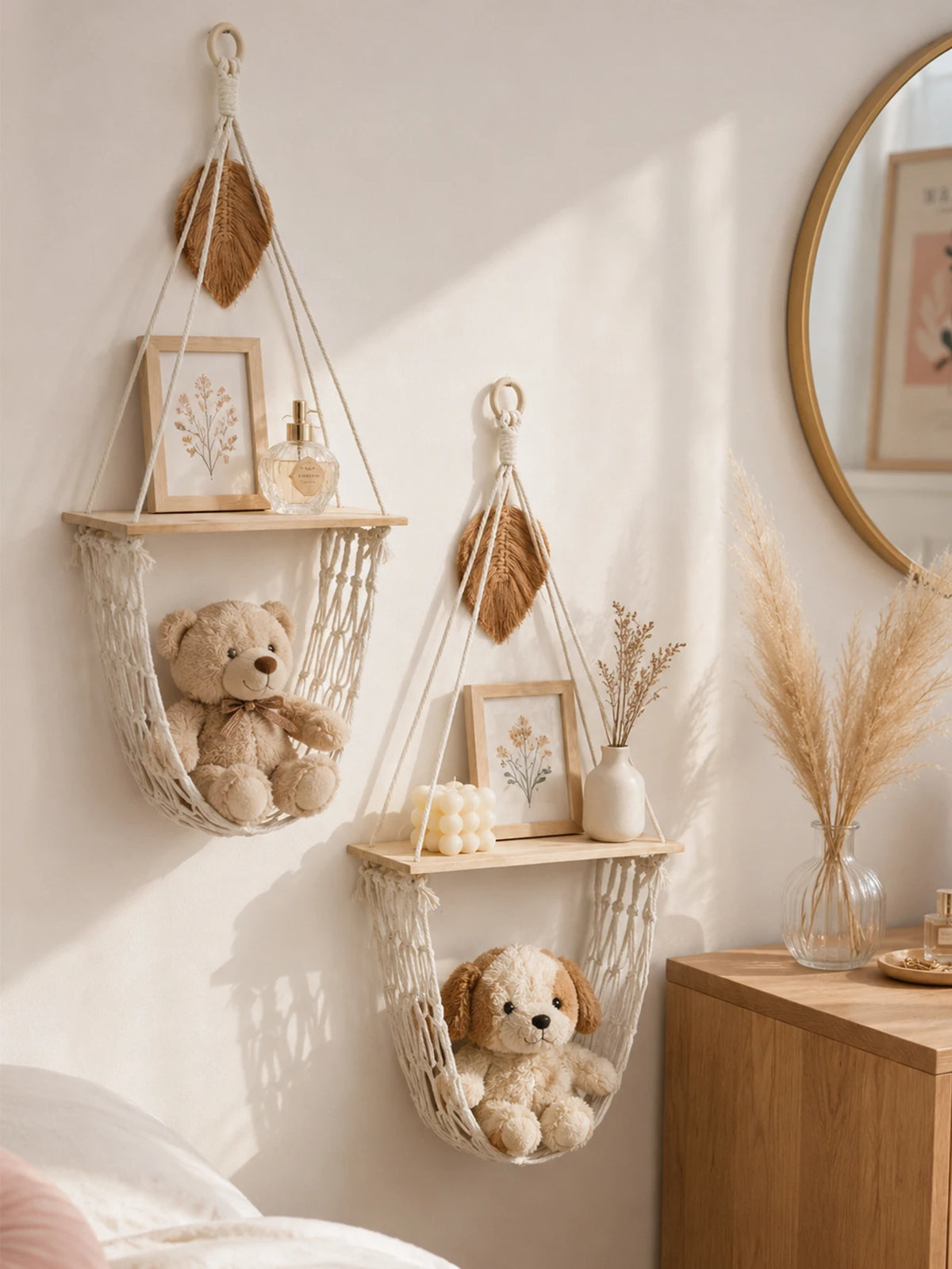 Étagère suspendue en macramé & panier filet – Bohème