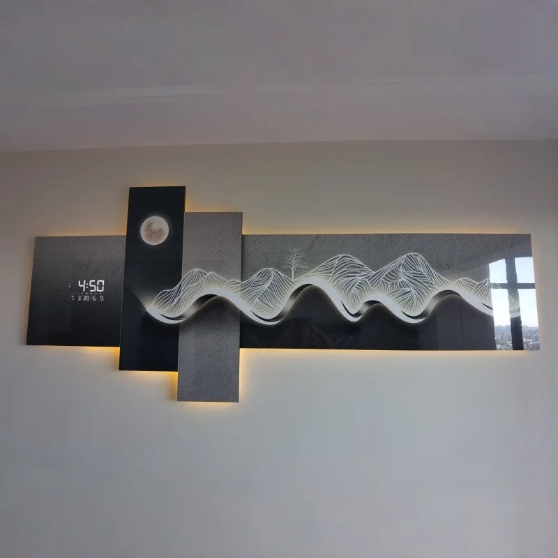 Tableau mural lumineux LED avec horloge, décor montagne