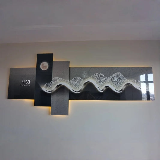 Tableau mural lumineux LED avec horloge, décor montagne