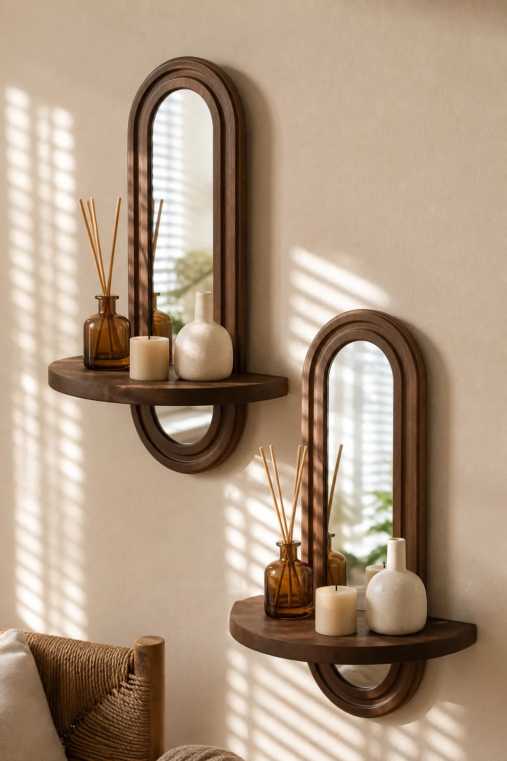 Miroir arche en bois avec étagère flottante