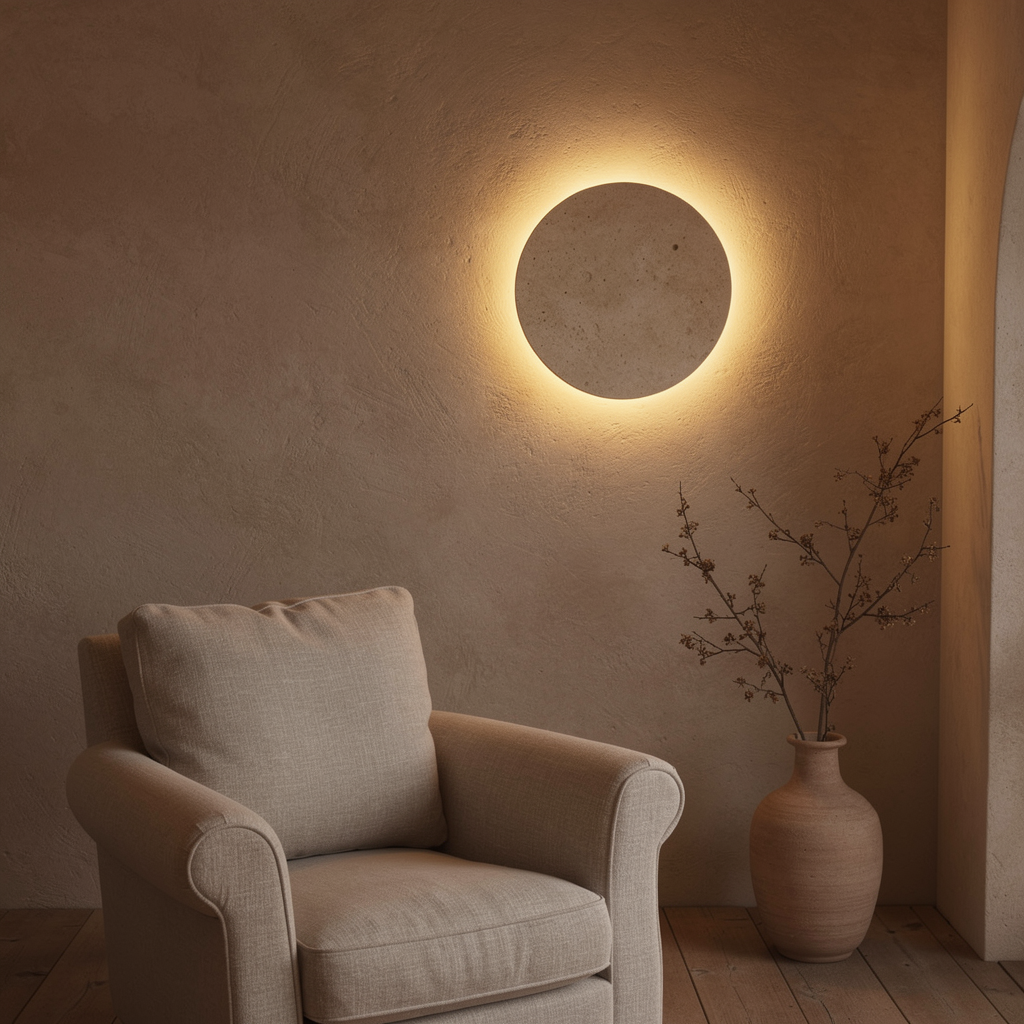 Applique LED ronde en pierre naturelle allumée dans un salon cosy