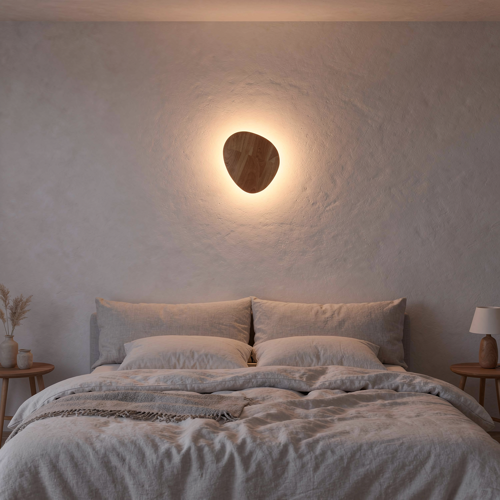 Applique murale LED en bois allumée au-dessus d'un lit