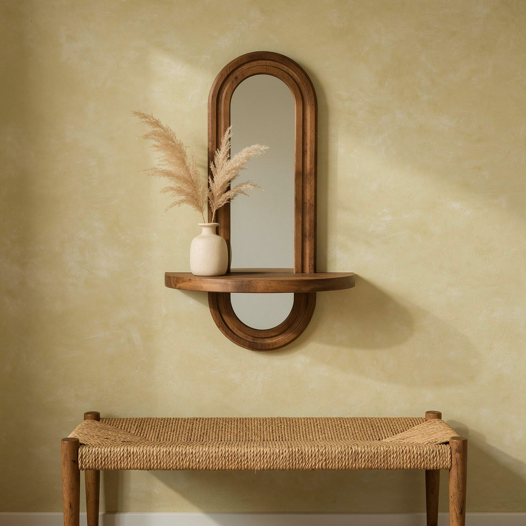 Miroir arche en bois avec étagère dans une entrée bohème
